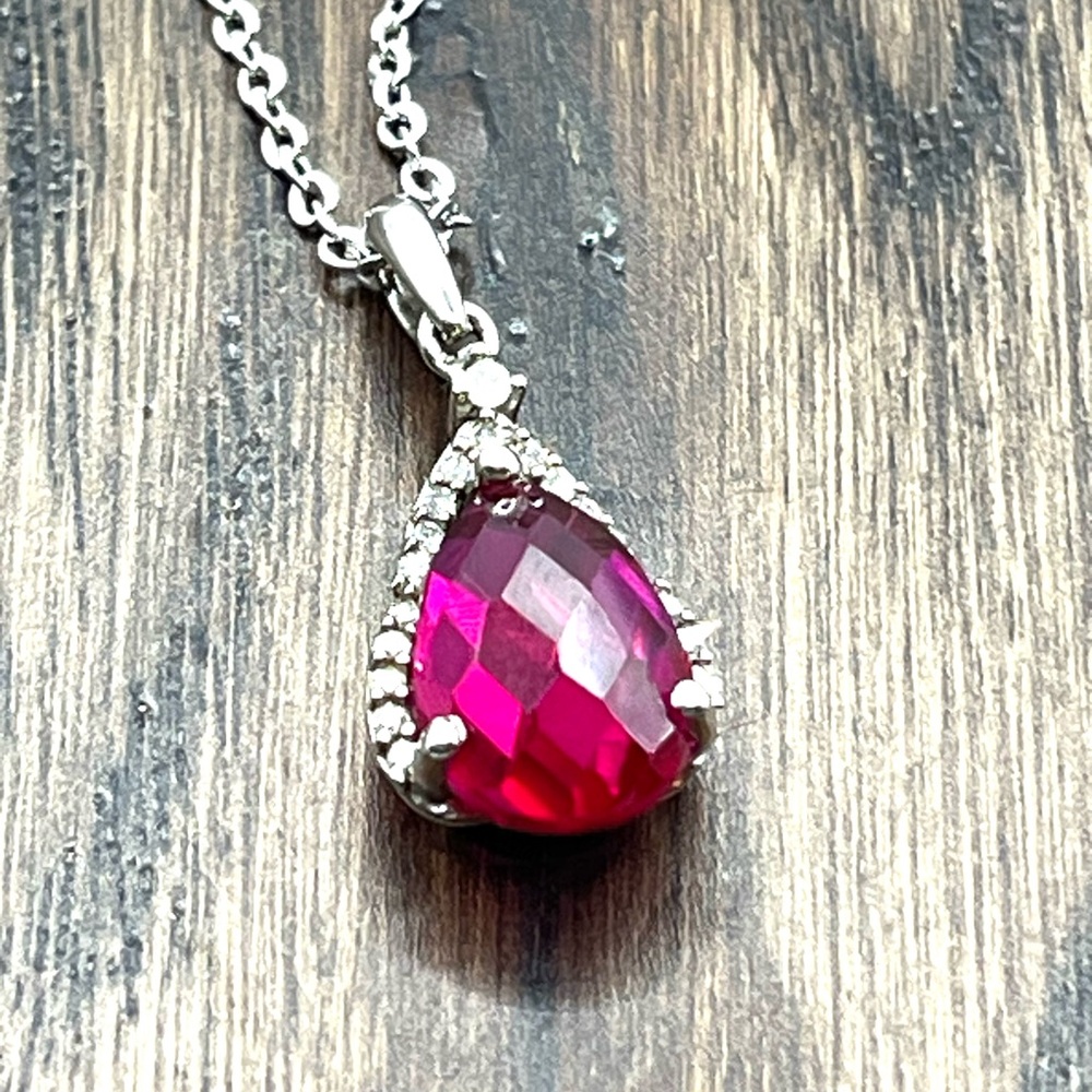 Ruby Pink Bezeled and Spinel Teardrop Pendant Necklace Sterling Silver 925